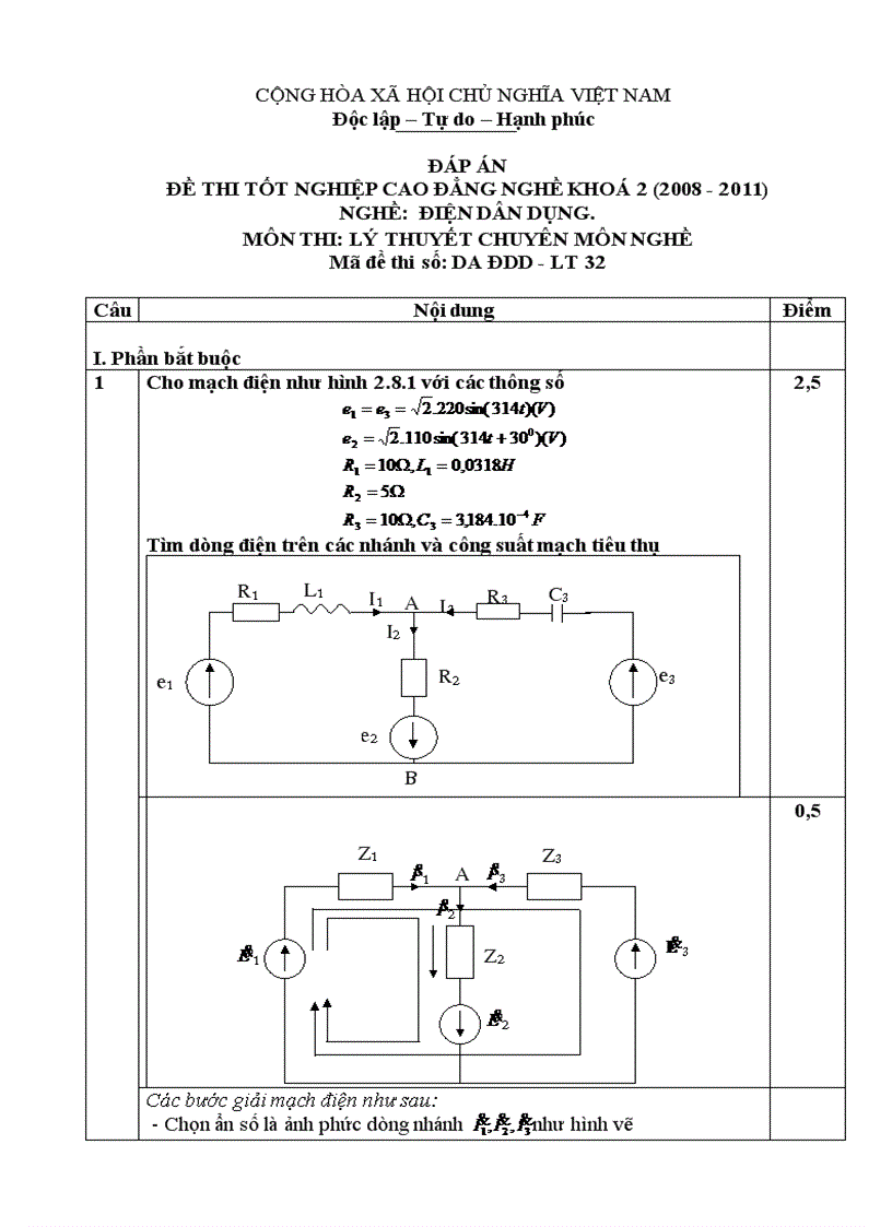 Đề thi tốt nghiệp cao đẳng nghề khóa 2 2008 2011 lý thuyết điện dân dụng lt32