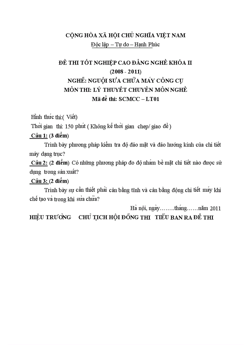 Đề thi tốt nghiệp cao đẳng nghề khóa 2 2008 2011 Nguôi sửa chữa máy công cụ Lí thuyết Tình huống hướng dẫn giải 01 2