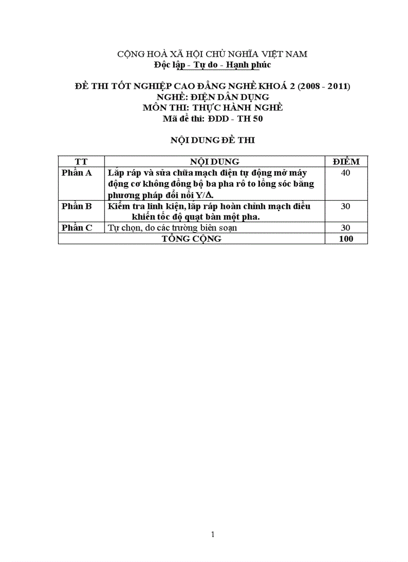 Đề thi tốt nghiệp cao đẳng nghề khóa 2 2008 2011 lý thuyết điện dân dụng lt50 1