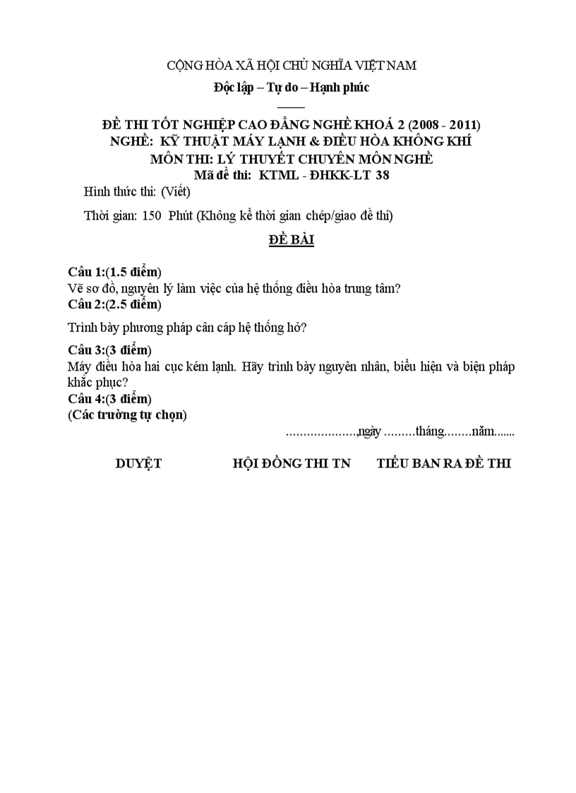 Đề thi tốt nghiệp cao đẳng nghề khóa 2 2008 2011 kĩ thuật máy lạnh và điều hòa không khí Lí thuyết Tình huống hướng dẫn giải 38 1