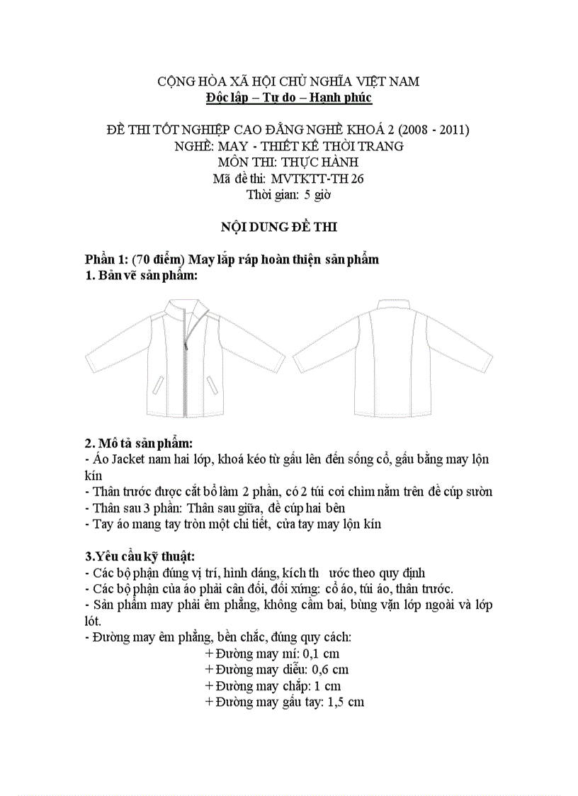 Đề thi tốt nghiệp cao đẳng nghề khóa 2 2008 2011 May thiết kế thời trang Lí thuyết thực hành Hướng dẫn giải 26 2