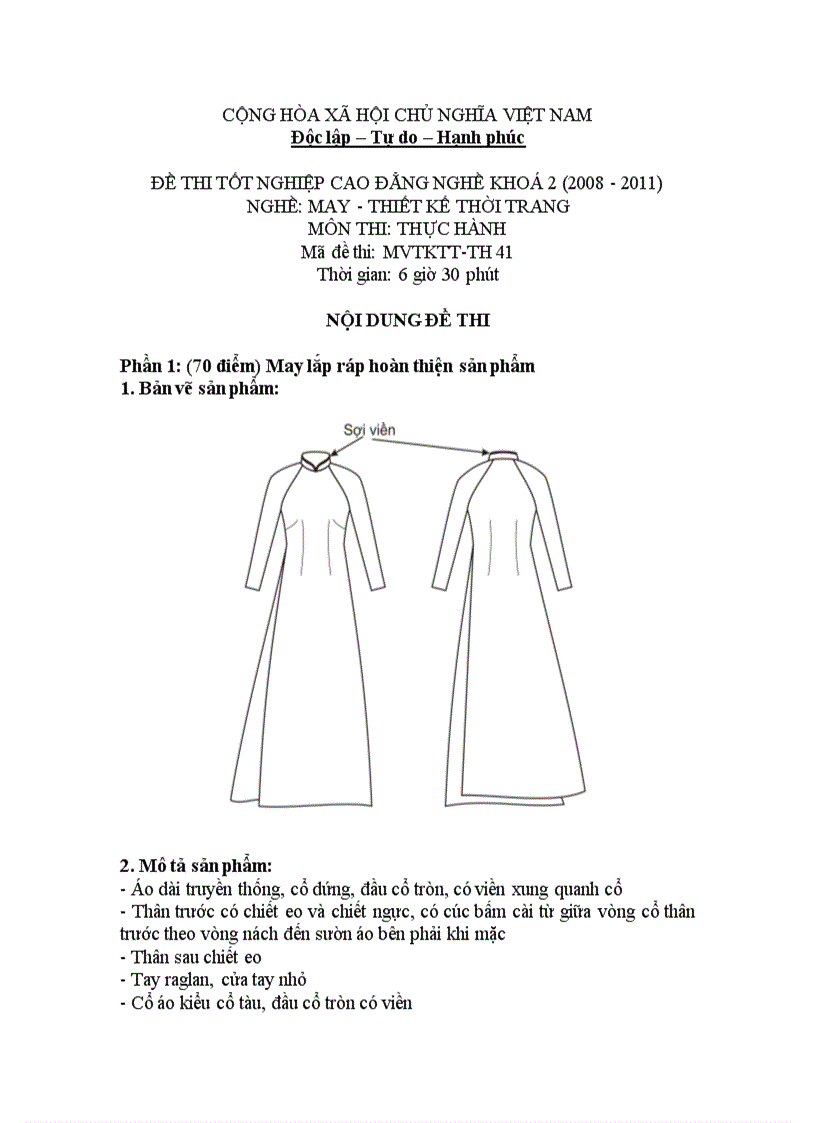 Đề thi tốt nghiệp cao đẳng nghề khóa 2 2008 2011 May thiết kế thời trang Lí thuyết thực hành Hướng dẫn giải 41 1