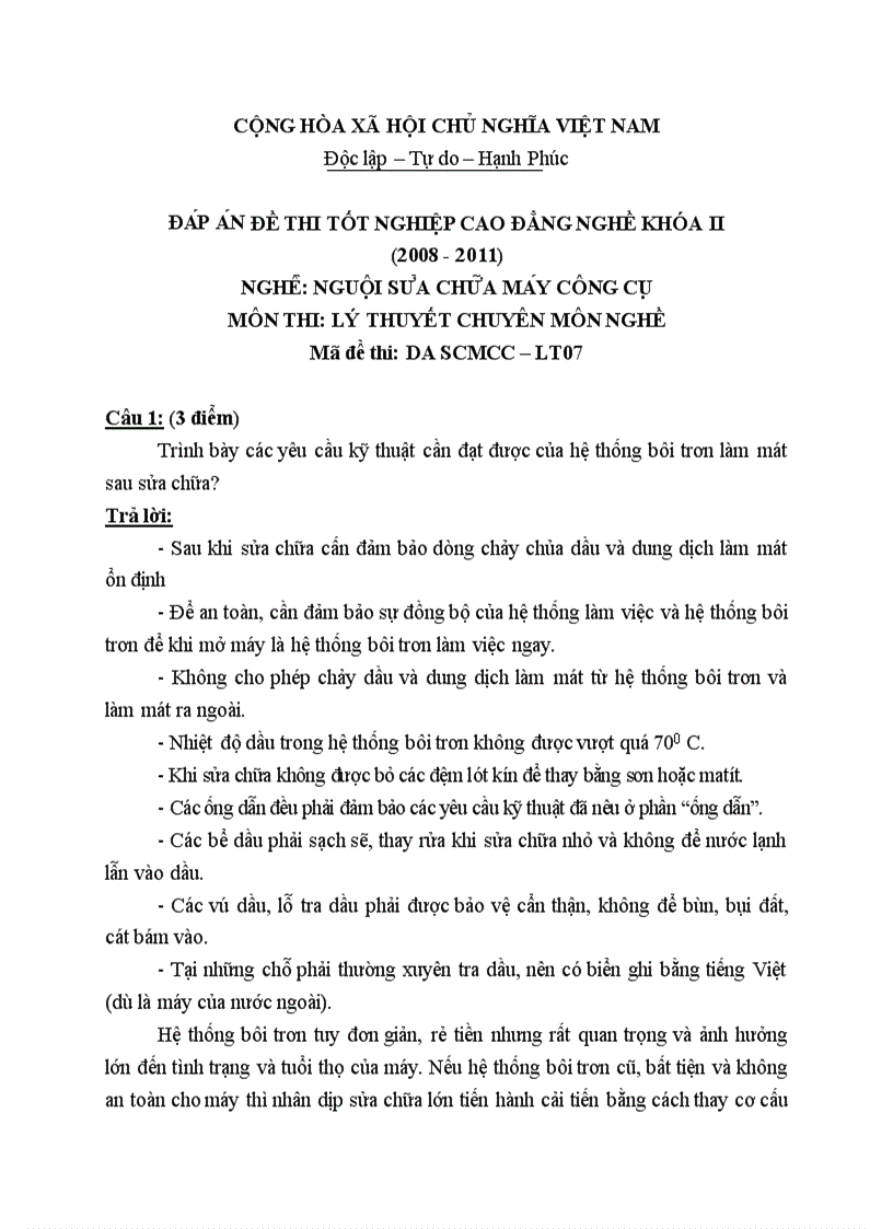 Đề thi tốt nghiệp cao đẳng nghề khóa 2 2008 2011 Nguôi sửa chữa máy công cụ Lí thuyết Tình huống hướng dẫn giải 07