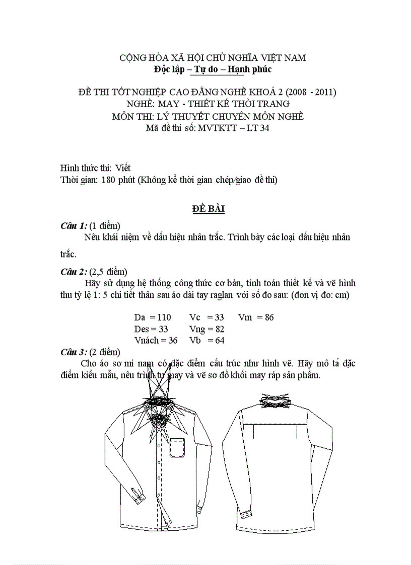 Đề thi tốt nghiệp cao đẳng nghề khóa 2 2008 2011 May thiết kế thời trang Lí thuyết thực hành Hướng dẫn giải 34 1