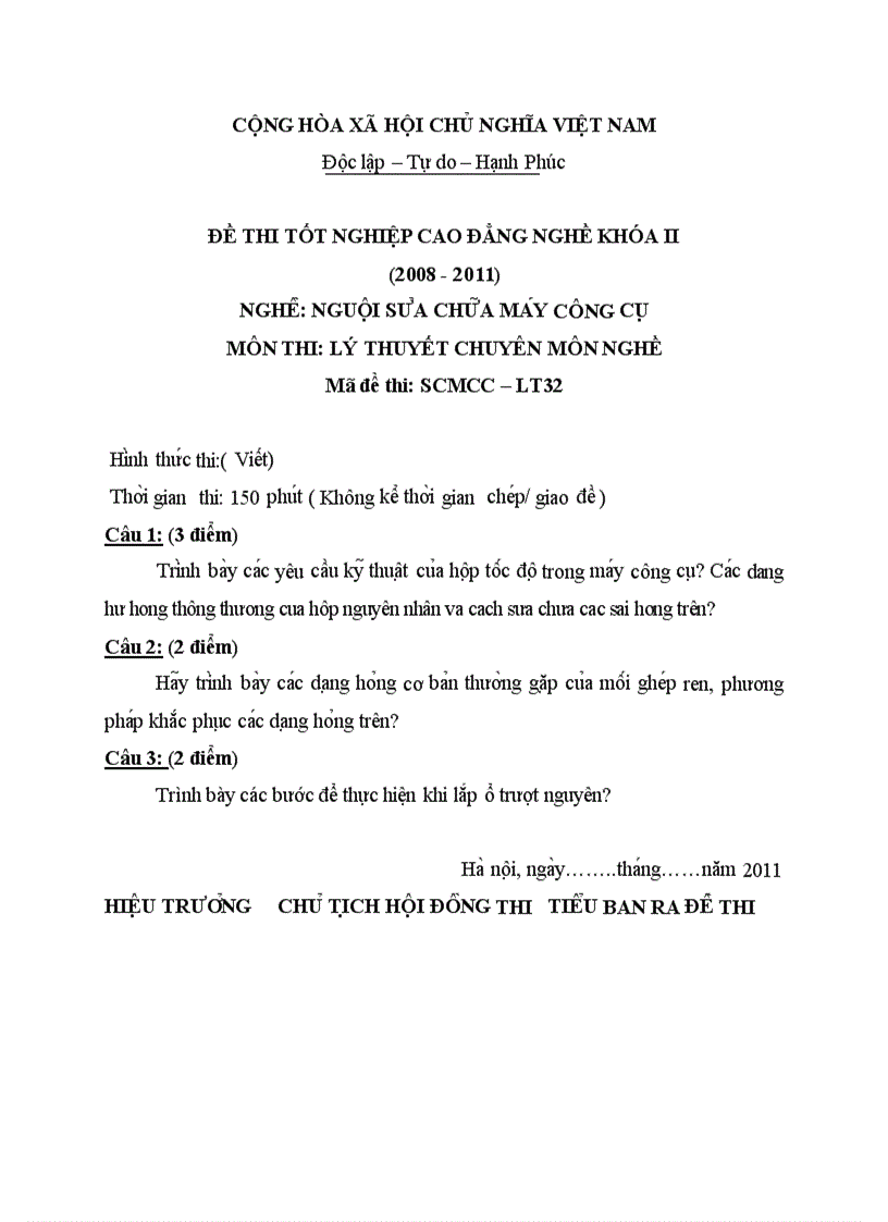 Đề thi TNCĐ nghề nguội sửa chữa máy công cụ 2008 2011 lí thuyết thực hành hướng dẫn giải 32 2