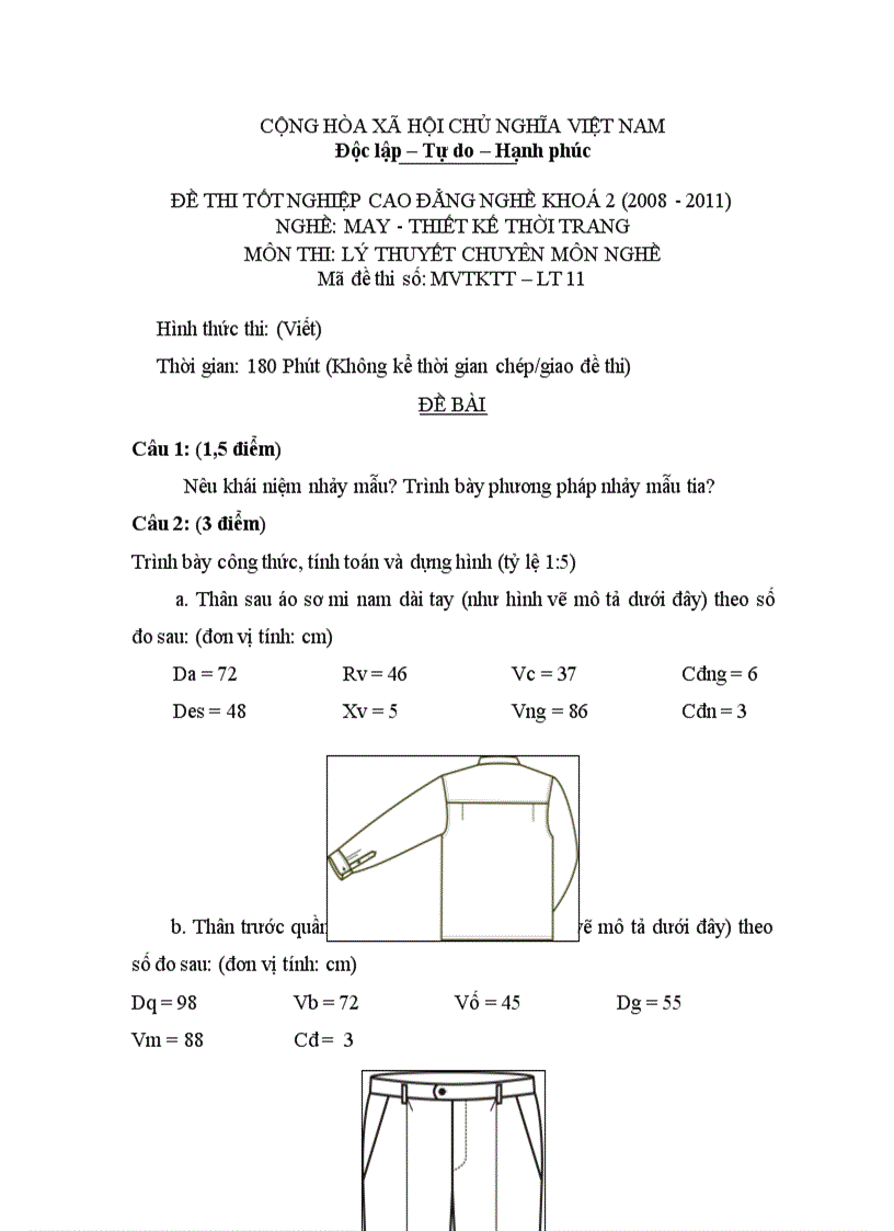 Đề thi tốt nghiệp cao đẳng nghề khóa 2 2008 2011 Thiết kế thời trang Lí thuyết thực hành Hướng dẫn giải 11 1