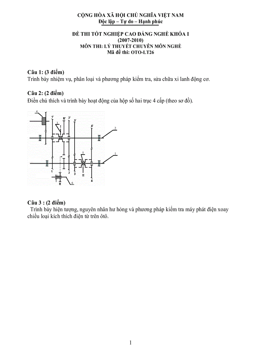 Đề thi lý thuyết công nghệ ô tô 26