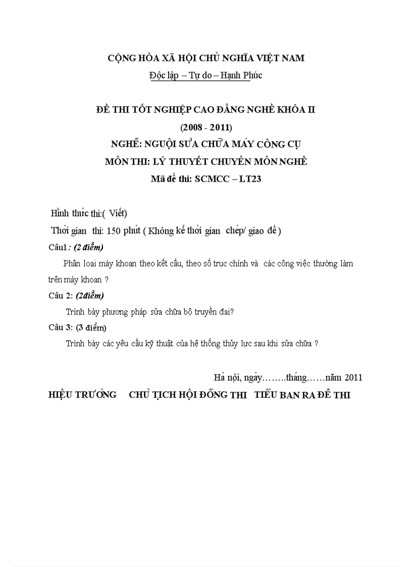 Đề thi TNCĐ nghề nguội sửa chữa máy công cụ 2008 2011 lí thuyết thực hành hướng dẫn giải 23 2