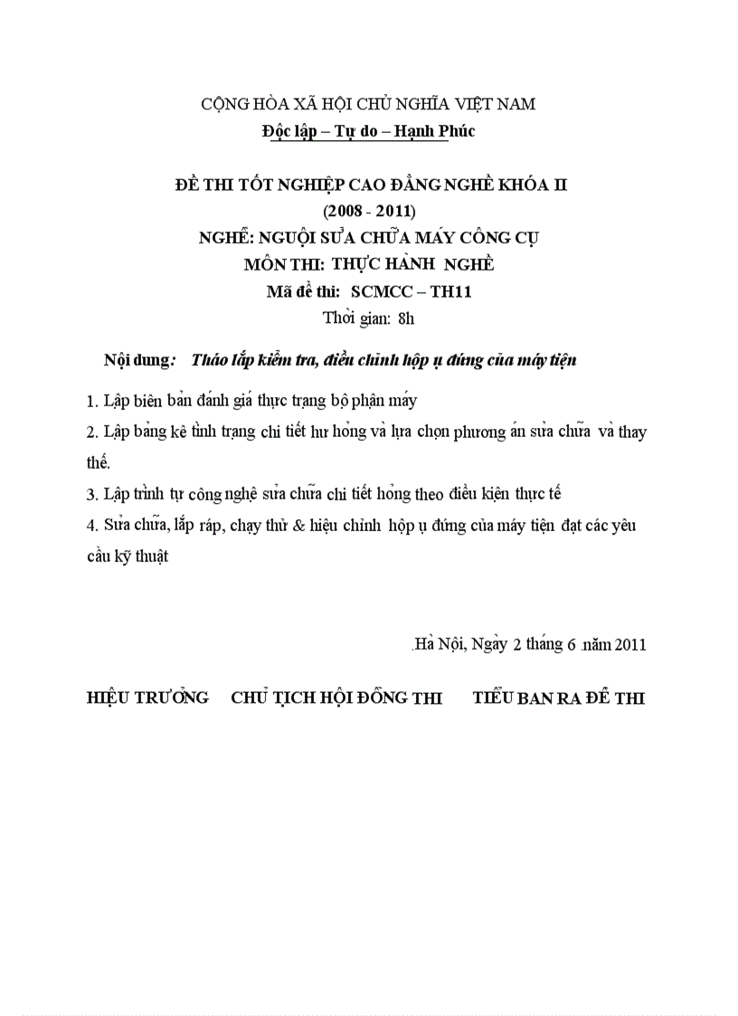 Đề thi TNCĐ nghề nguội sửa chữa máy công cụ 2008 2011 lí thuyết thực hành hướng dẫn giải 11 3