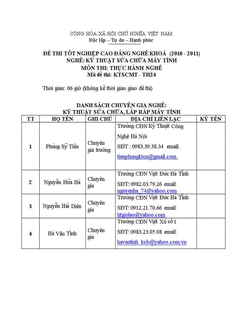 Đề thi tốt nghiệp cao đẳng nghề khóa 2 2008 2011 Kĩ thuật sửa chữa lắp ráp máy tính có đáp án 24