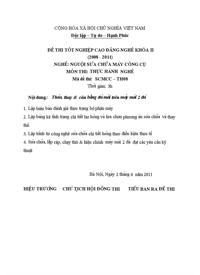 Đề thi tốt nghiệp cao đẳng nghề khóa 2 2008 2011 Nguôi sửa chữa máy công cụ Lí thuyết Tình huống hướng dẫn giải 08 3