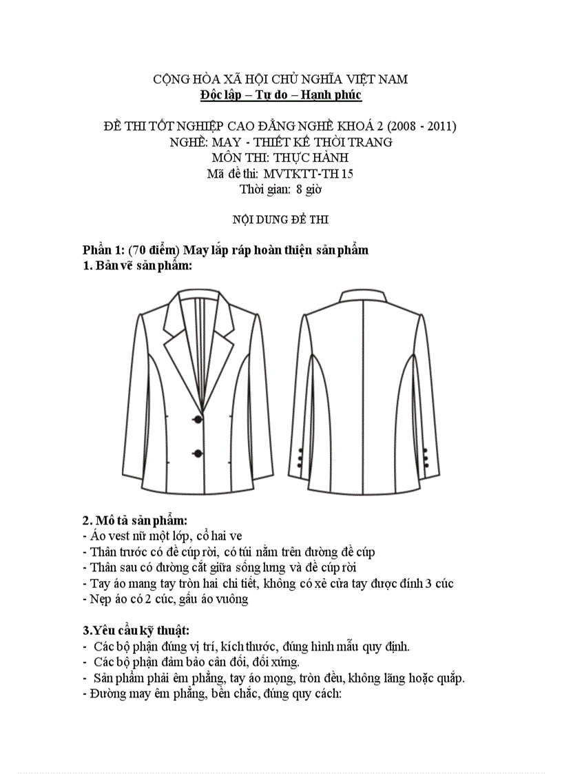 Đề thi tốt nghiệp cao đẳng nghề khóa 2 2008 2011 Thiết kế thời trang Lí thuyết thực hành Hướng dẫn giải 15 2