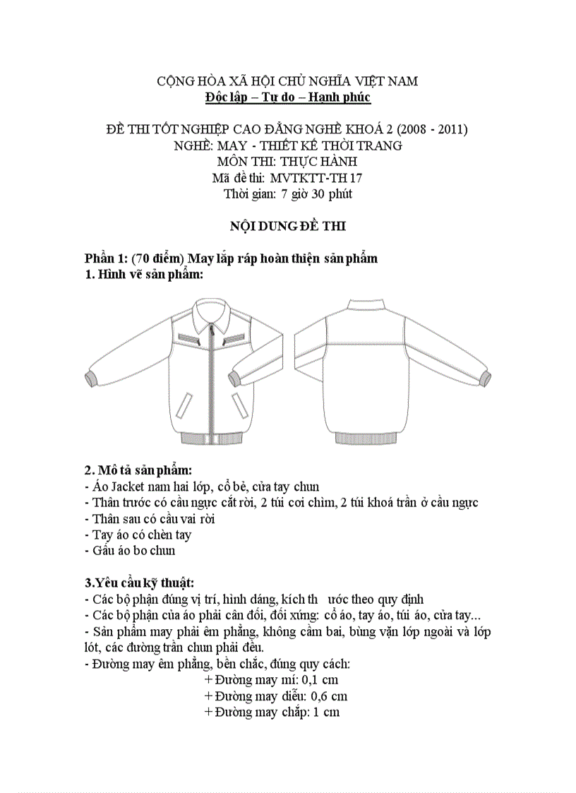Đề thi tốt nghiệp cao đẳng nghề khóa 2 2008 2011 May thiết kế thời trang Lí thuyết thực hành Hướng dẫn giải 17 2