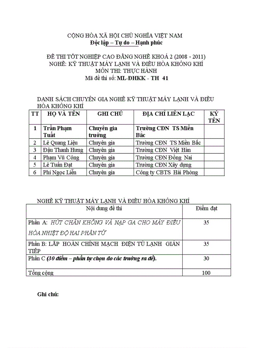 Đề thi tốt nghiệp cao đẳng nghề khóa 2 2008 2011 kĩ thuật máy lạnh và điều hòa không khí Lí thuyết Tình huống hướng dẫn giải 41 2