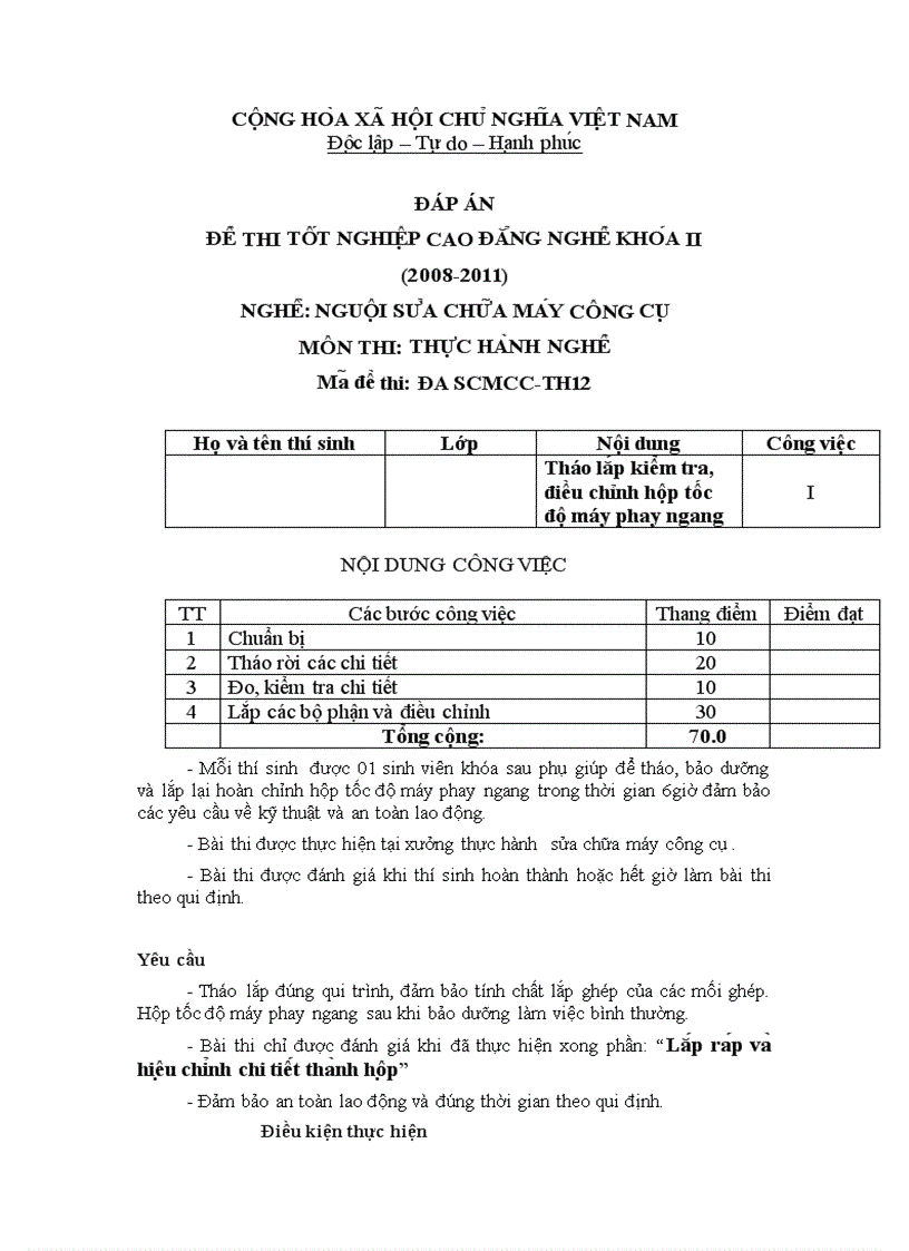 Đề thi TNCĐ nghề nguội sửa chữa máy công cụ 2008 2011 lí thuyết thực hành hướng dẫn giải 12 1
