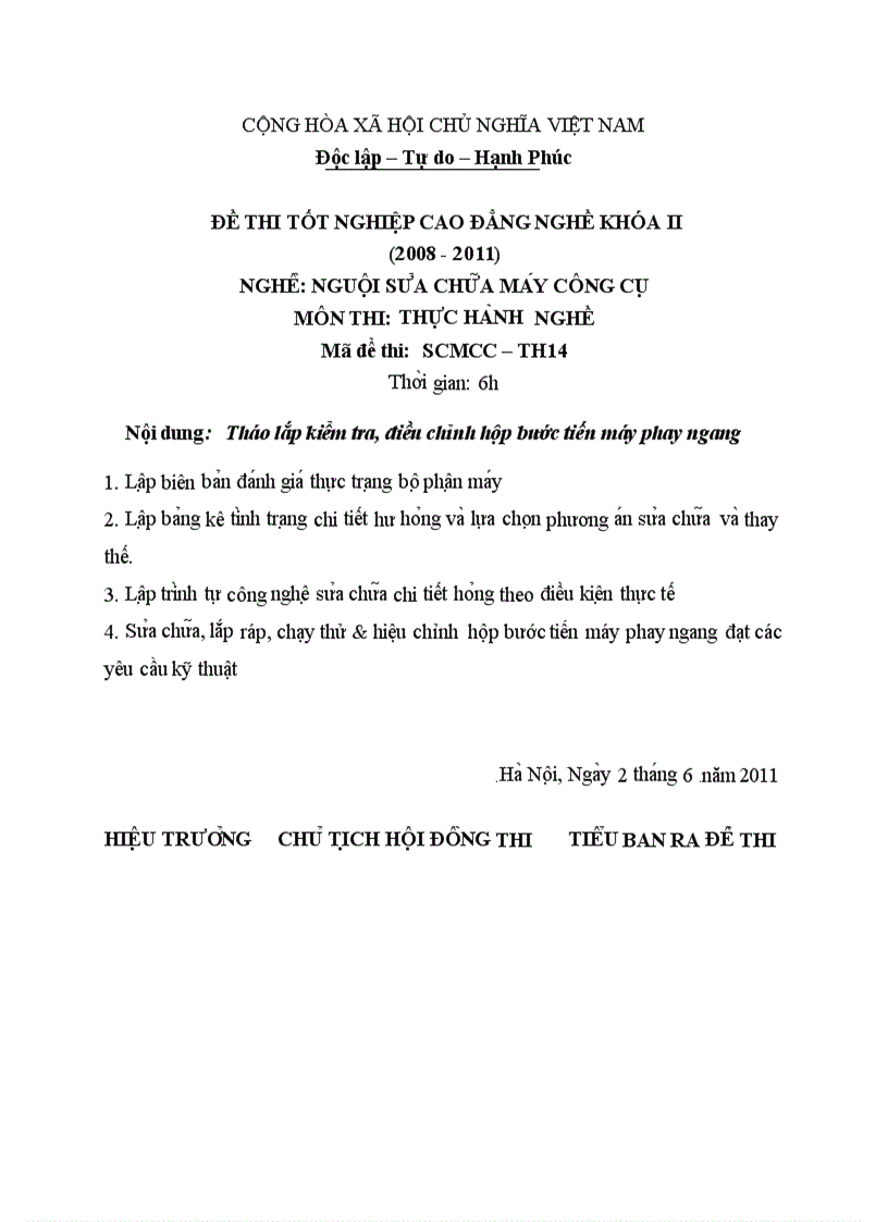 Đề thi TNCĐ nghề nguội sửa chữa máy công cụ 2008 2011 lí thuyết thực hành hướng dẫn giải 14 3