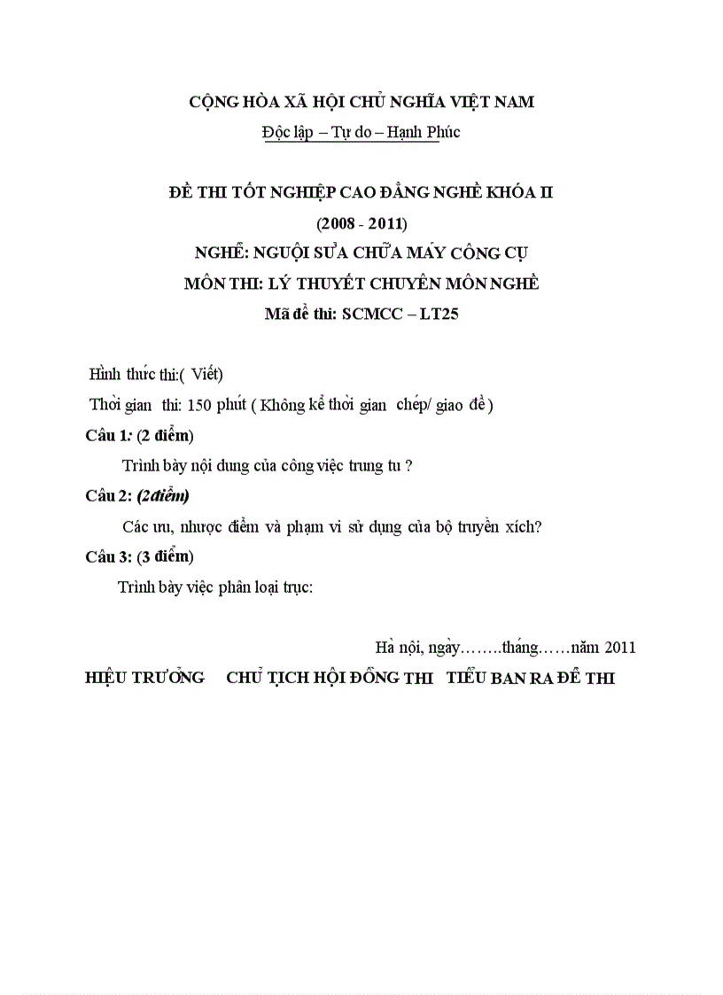 Đề thi TNCĐ nghề nguội sửa chữa máy công cụ 2008 2011 lí thuyết thực hành hướng dẫn giải 25 2