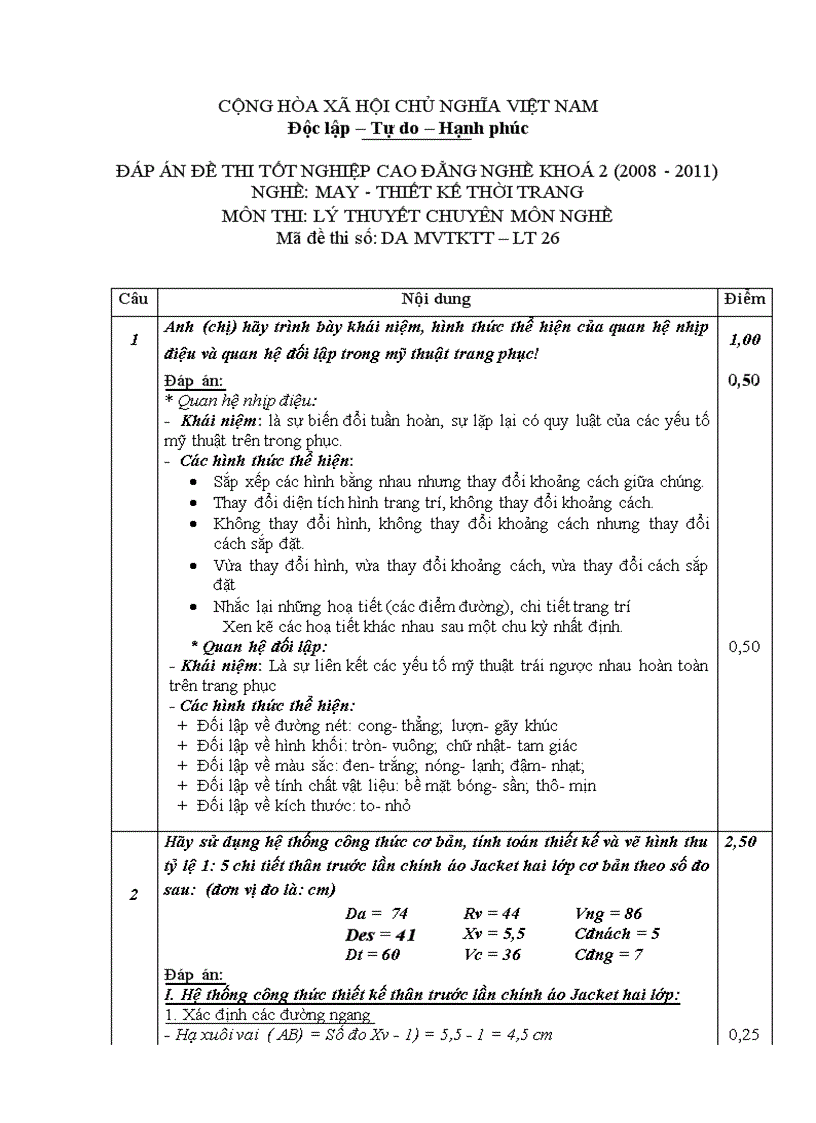 Đề thi tốt nghiệp cao đẳng nghề khóa 2 2008 2011 May thiết kế thời trang Lí thuyết thực hành Hướng dẫn giải 26