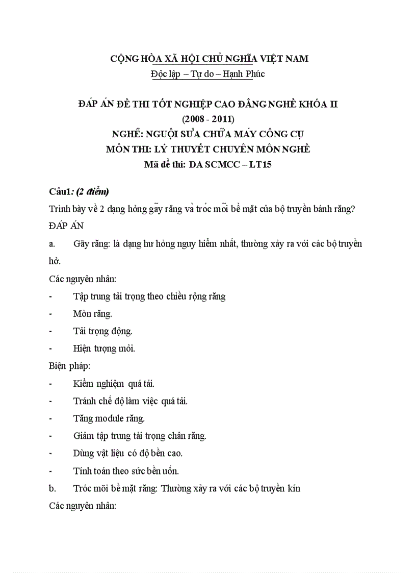 Đề thi TNCĐ nghề nguội sửa chữa máy công cụ 2008 2011 lí thuyết thực hành hướng dẫn giải 15
