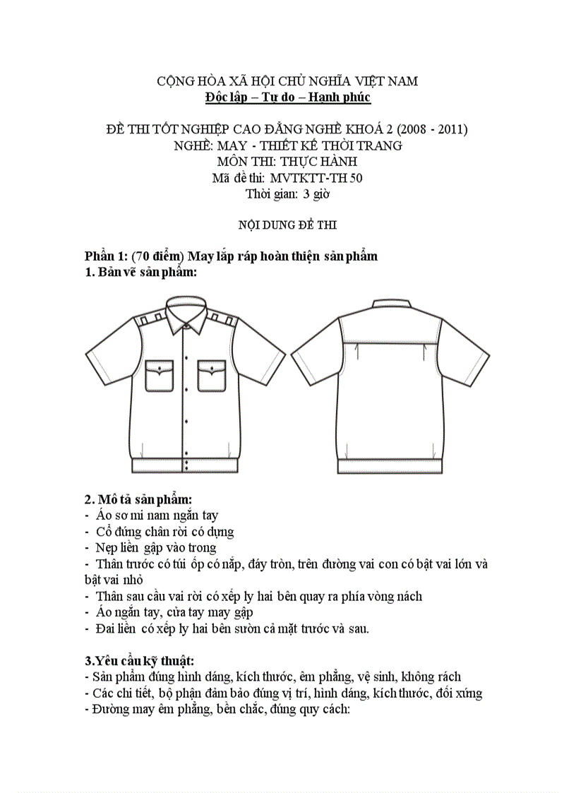 Đề thi tốt nghiệp cao đẳng nghề khóa 2 2008 2011 May thiết kế thời trang Lí thuyết thực hành Hướng dẫn giải 50 2