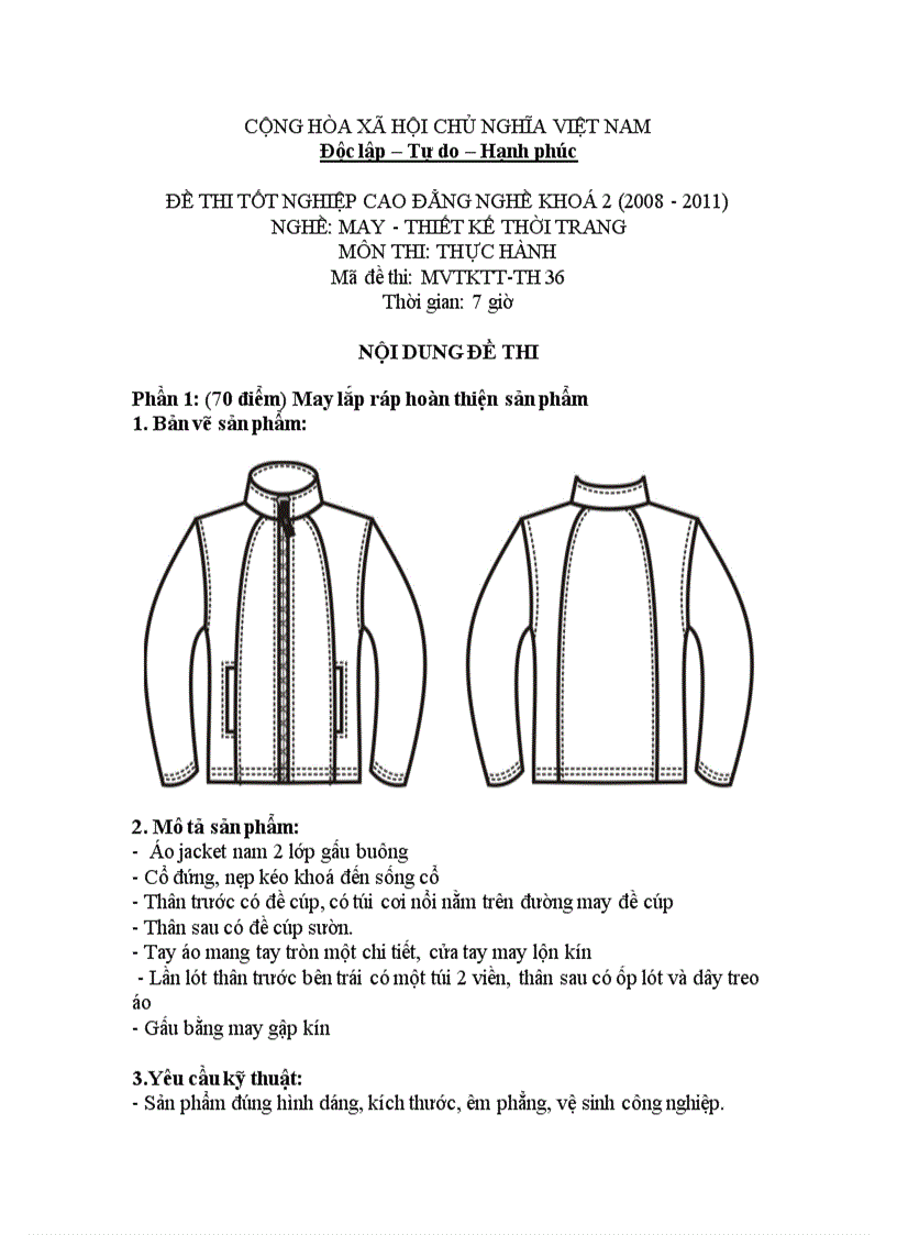 Đề thi tốt nghiệp cao đẳng nghề khóa 2 2008 2011 May thiết kế thời trang Lí thuyết thực hành Hướng dẫn giải 36 2