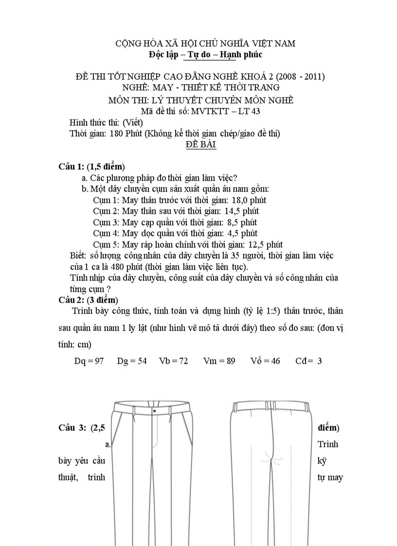 Đề thi tốt nghiệp cao đẳng nghề khóa 2 2008 2011 May thiết kế thời trang Lí thuyết thực hành Hướng dẫn giải 43 1