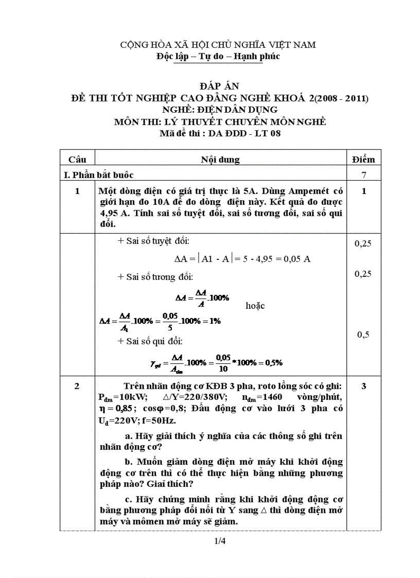 Đề thi tốt nghiệp cao đẳng nghề khóa 2 2008 2011 lý thuyết điện dân dụng lt8