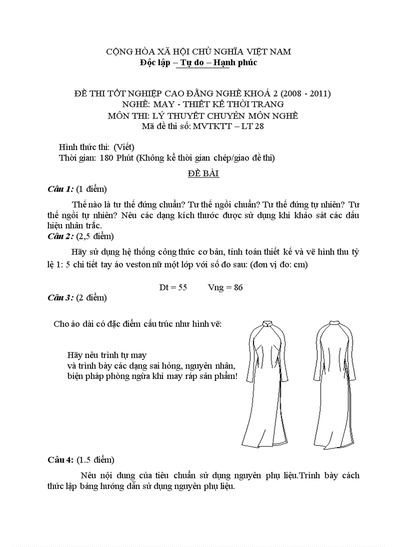 Đề thi tốt nghiệp cao đẳng nghề khóa 2 2008 2011 May thiết kế thời trang Lí thuyết thực hành Hướng dẫn giải 28 1