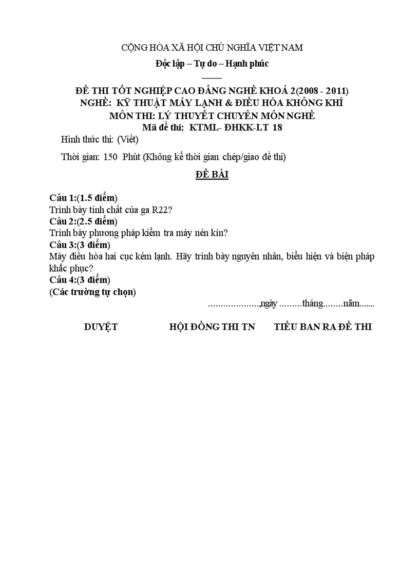 Đề thi tốt nghiệp cao đẳng nghề khóa 2 2008 2011 kĩ thuật máy lạnh và điều hòa không khí Lí thuyết Tình huống hướng dẫn giải 18 1