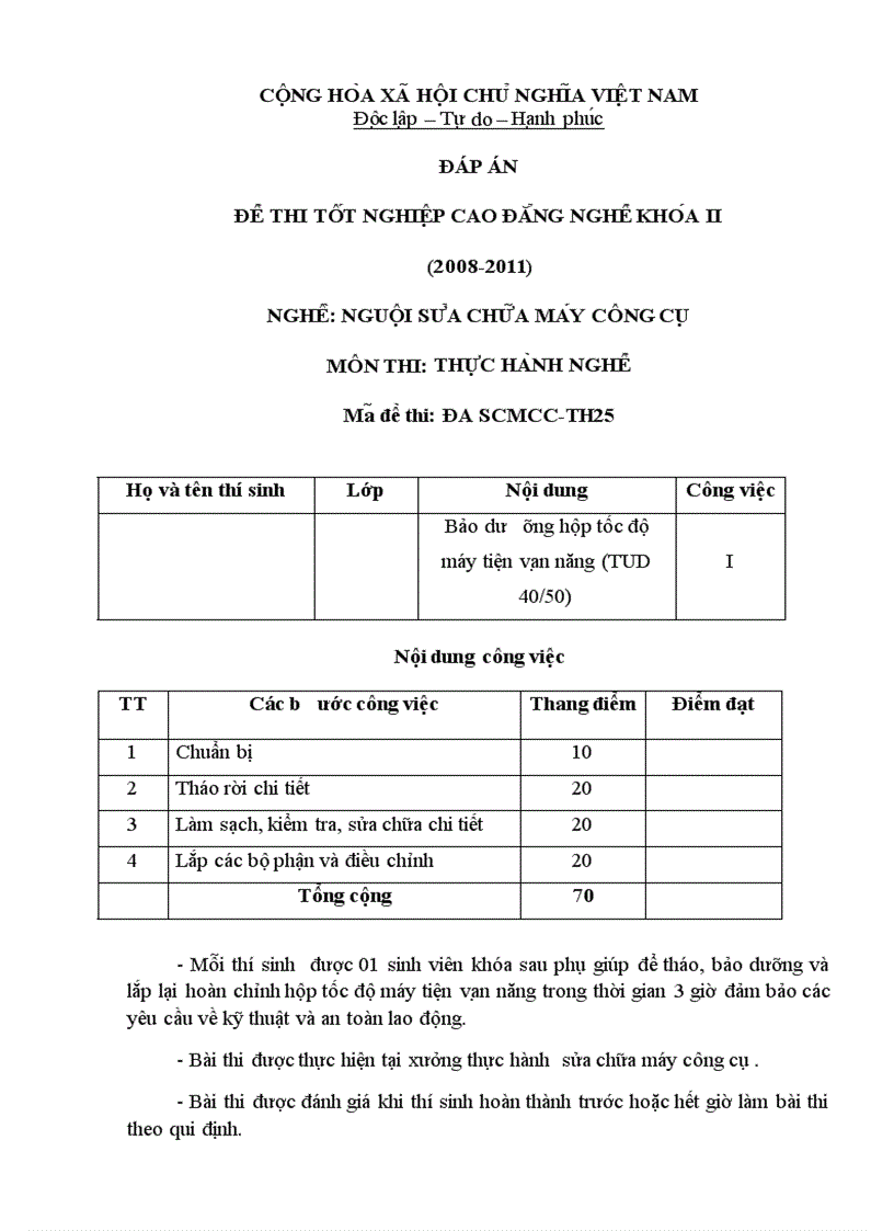 Đề thi TNCĐ nghề nguội sửa chữa máy công cụ 2008 2011 lí thuyết thực hành hướng dẫn giải 25 1