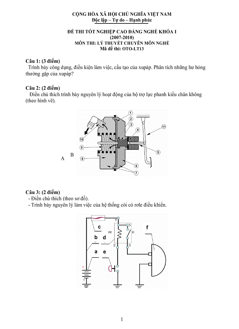 Đề thi lý thuyết công nghệ ô tô 13