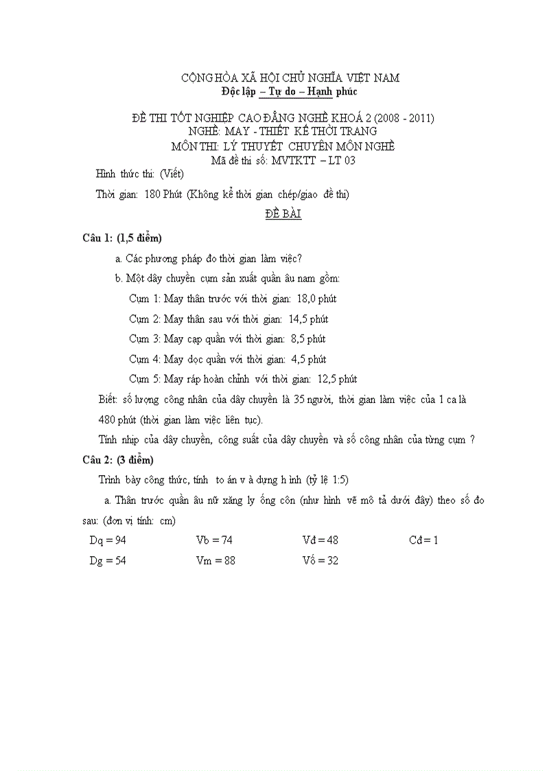 Đề thi tốt nghiệp cao đẳng nghề khóa 2 2008 2011 Thiết kế thời trang Lí thuyết thực hành Hướng dẫn giải 03 1