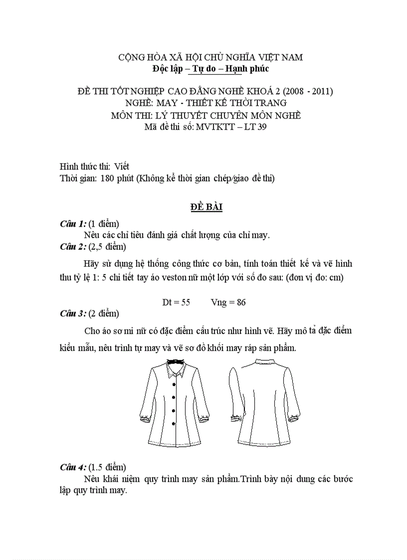 Đề thi tốt nghiệp cao đẳng nghề khóa 2 2008 2011 May thiết kế thời trang Lí thuyết thực hành Hướng dẫn giải 39 1