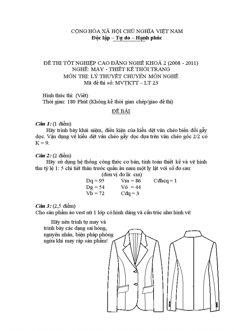 Đề thi tốt nghiệp cao đẳng nghề khóa 2 2008 2011 May thiết kế thời trang Lí thuyết thực hành Hướng dẫn giải 23 1