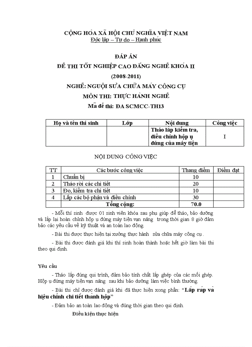 Đề thi TNCĐ nghề nguội sửa chữa máy công cụ 2008 2011 lí thuyết thực hành hướng dẫn giải 13 1