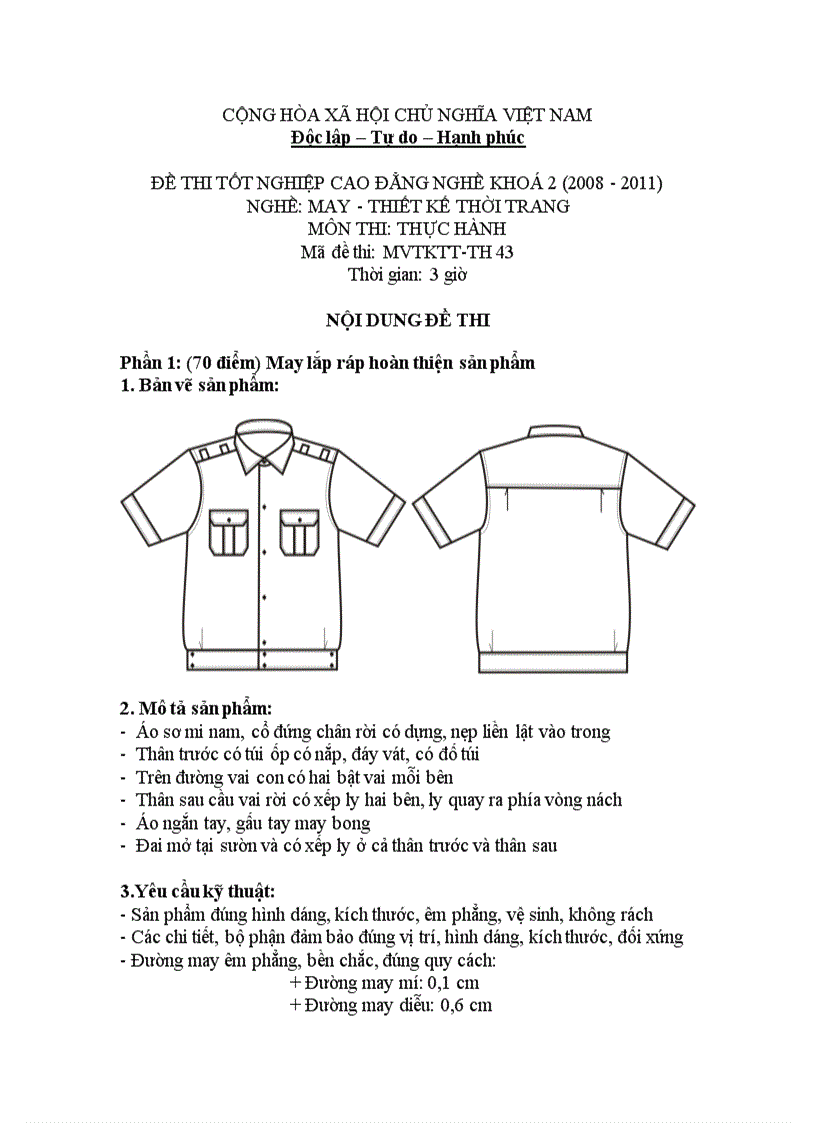 Đề thi tốt nghiệp cao đẳng nghề khóa 2 2008 2011 May thiết kế thời trang Lí thuyết thực hành Hướng dẫn giải 43 2