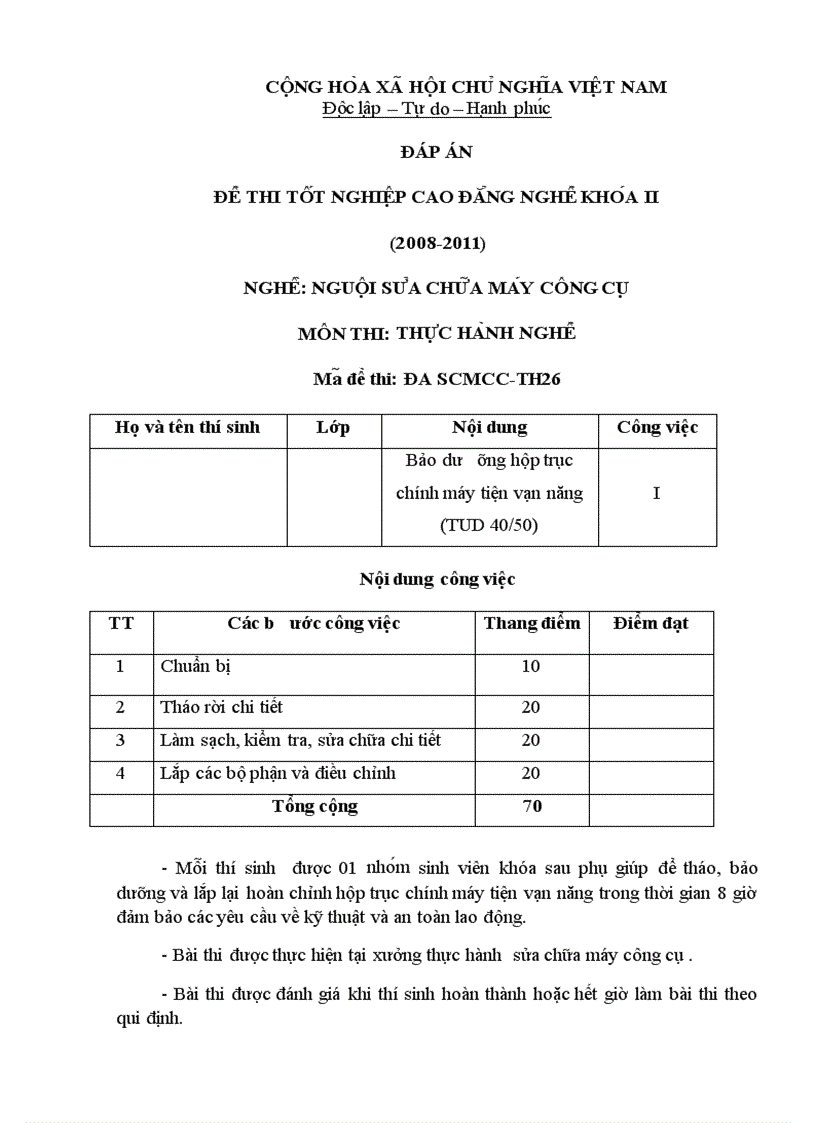 Đề thi TNCĐ nghề nguội sửa chữa máy công cụ 2008 2011 lí thuyết thực hành hướng dẫn giải 26 1