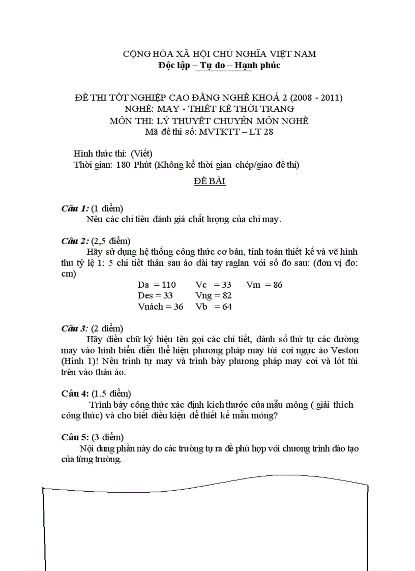 Đề thi tốt nghiệp cao đẳng nghề khóa 2 2008 2011 May thiết kế thời trang Lí thuyết thực hành Hướng dẫn giải 29 1