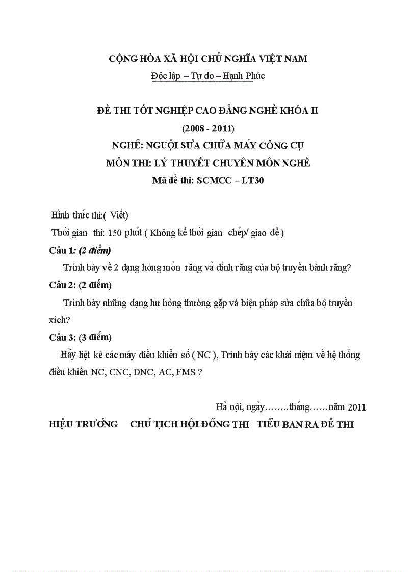 Đề thi TNCĐ nghề nguội sửa chữa máy công cụ 2008 2011 lí thuyết thực hành hướng dẫn giải 30 2