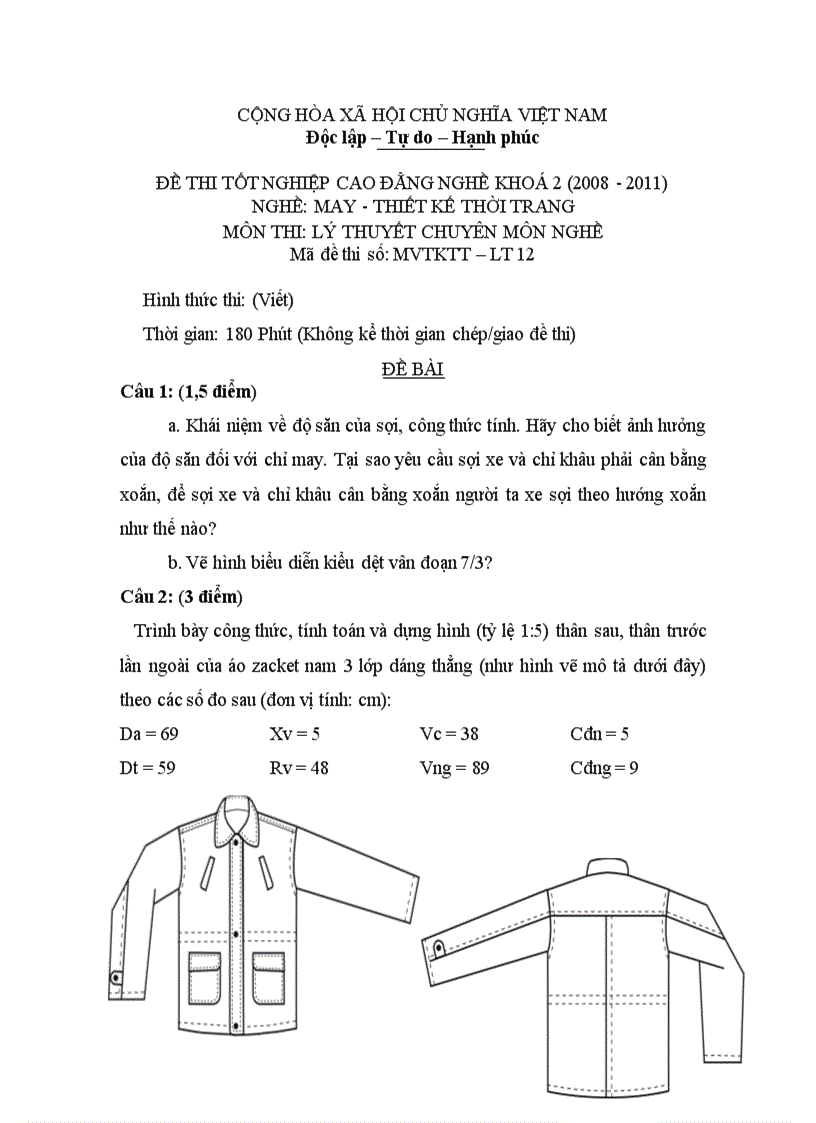 Đề thi tốt nghiệp cao đẳng nghề khóa 2 2008 2011 Thiết kế thời trang Lí thuyết thực hành Hướng dẫn giải 12 1
