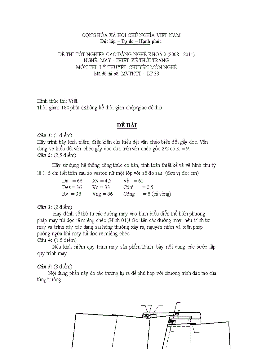 Đề thi tốt nghiệp cao đẳng nghề khóa 2 2008 2011 May thiết kế thời trang Lí thuyết thực hành Hướng dẫn giải 33 1