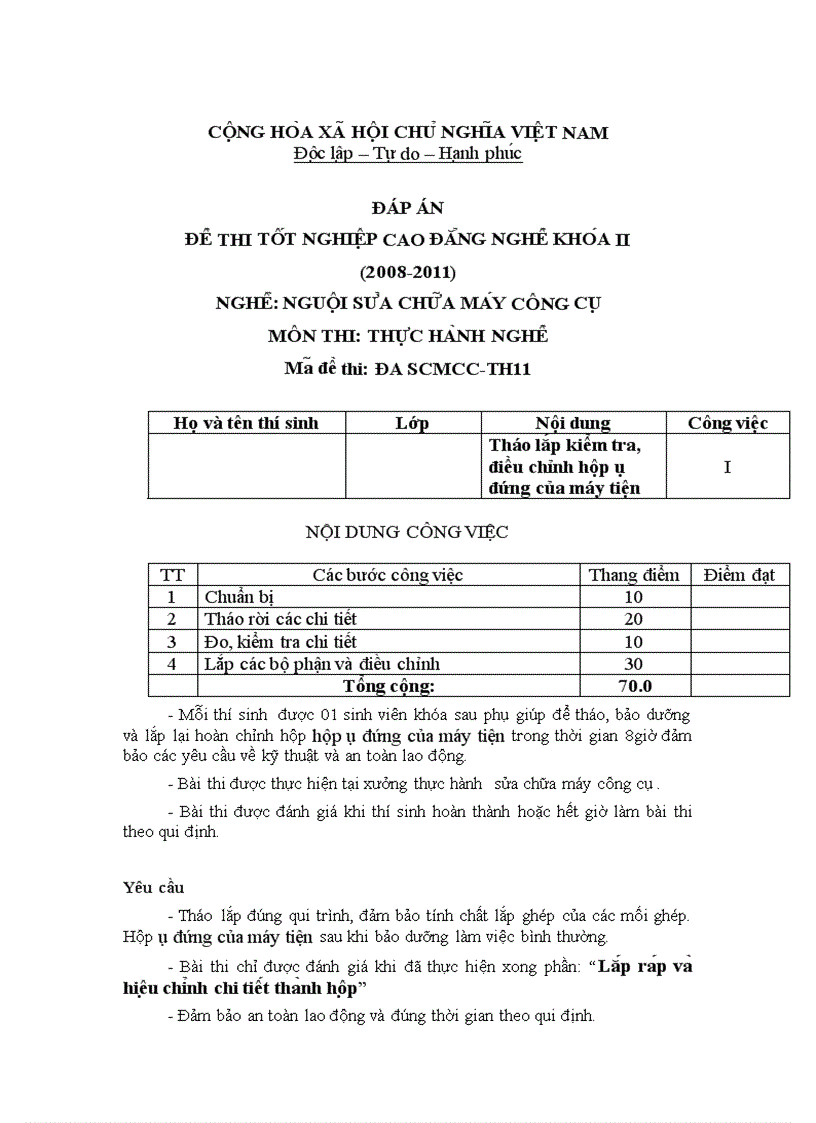 Đề thi TNCĐ nghề nguội sửa chữa máy công cụ 2008 2011 lí thuyết thực hành hướng dẫn giải 11 1