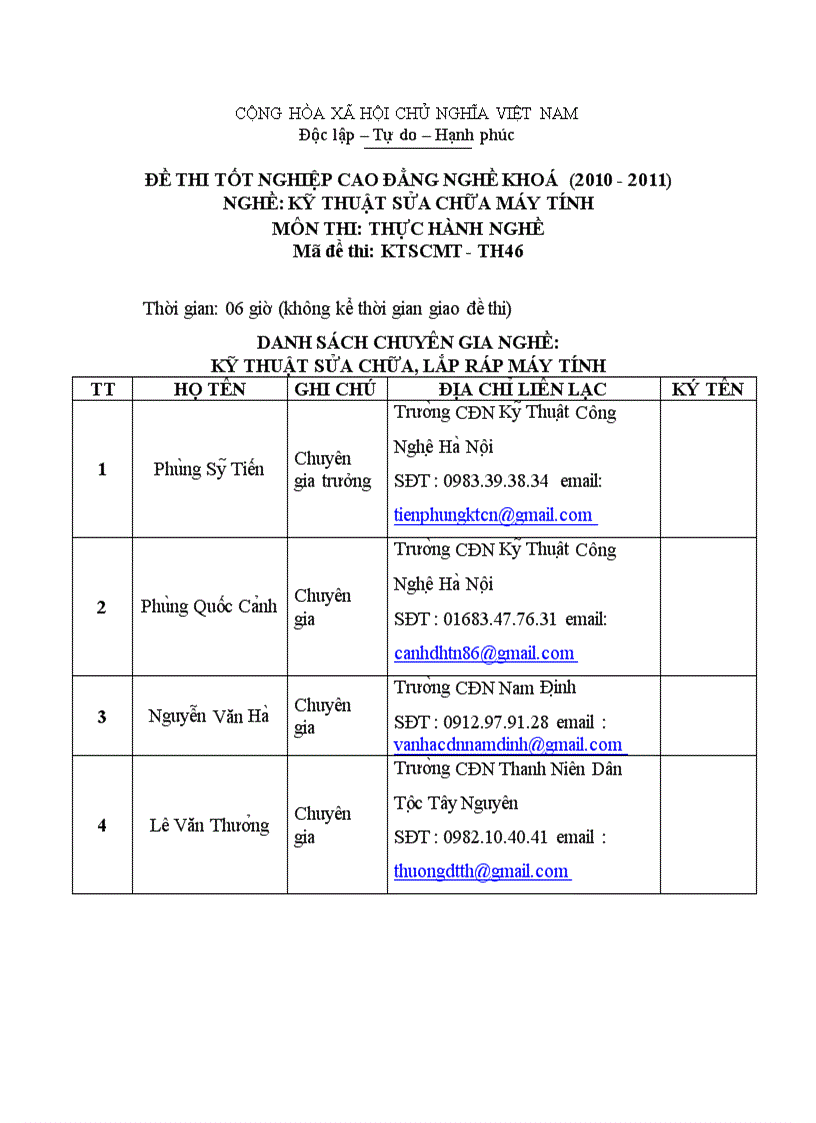 Đề thi tốt nghiệp cao đẳng nghề khóa 2 2008 2011 Kĩ thuật sửa chữa lắp ráp máy tính có đáp án 46 1