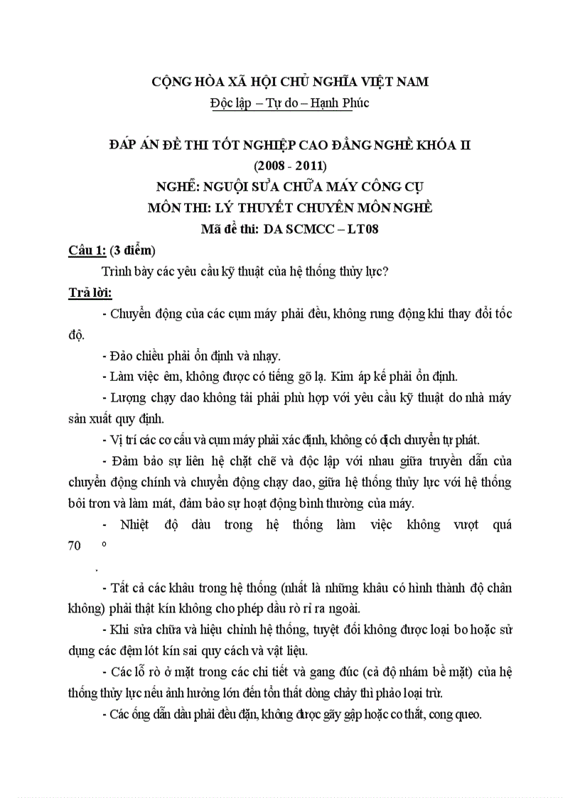 Đề thi tốt nghiệp cao đẳng nghề khóa 2 2008 2011 Nguôi sửa chữa máy công cụ Lí thuyết Tình huống hướng dẫn giải 08