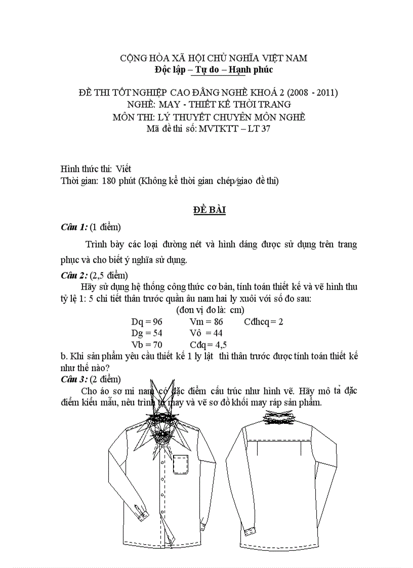 Đề thi tốt nghiệp cao đẳng nghề khóa 2 2008 2011 May thiết kế thời trang Lí thuyết thực hành Hướng dẫn giải 37 1