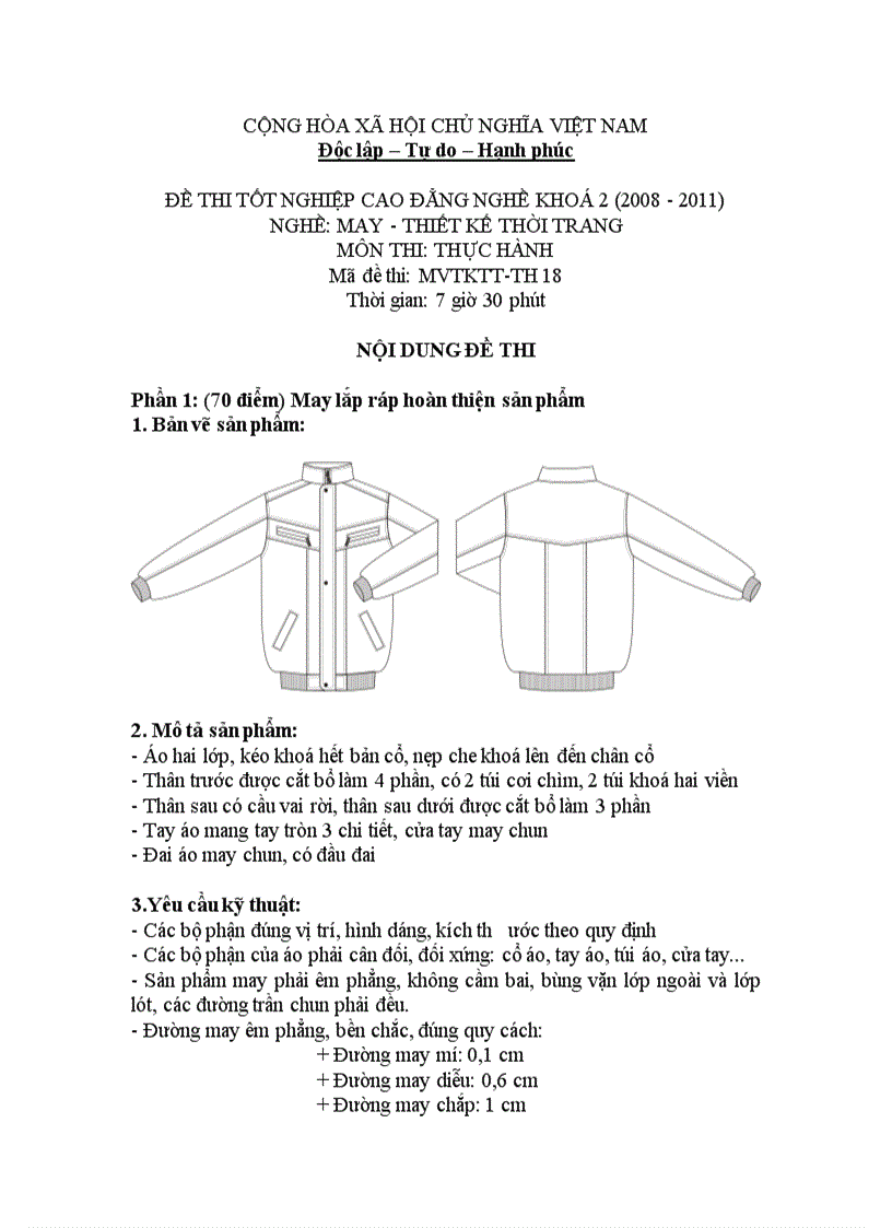 Đề thi tốt nghiệp cao đẳng nghề khóa 2 2008 2011 May thiết kế thời trang Lí thuyết thực hành Hướng dẫn giải 18 2