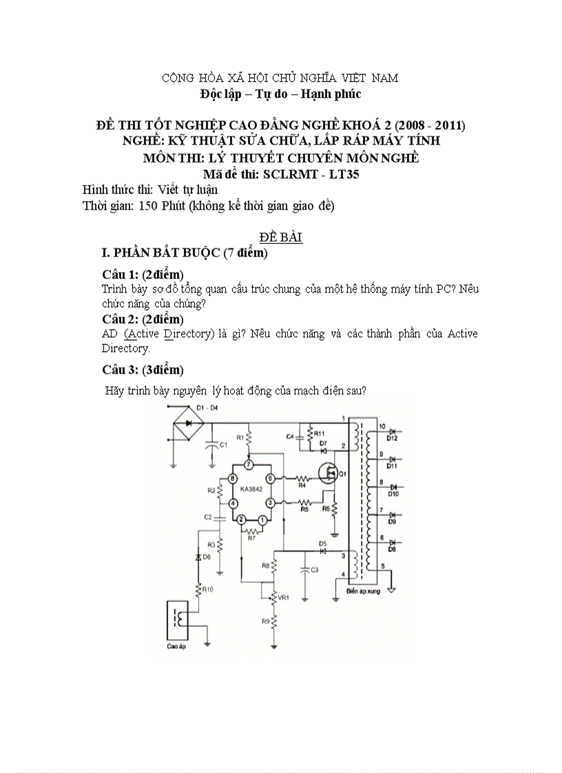 Đề thi tốt nghiệp cao đẳng nghề khóa 2 2008 2011 Kĩ thuật sửa chữa lắp ráp máy tính có đáp án 35