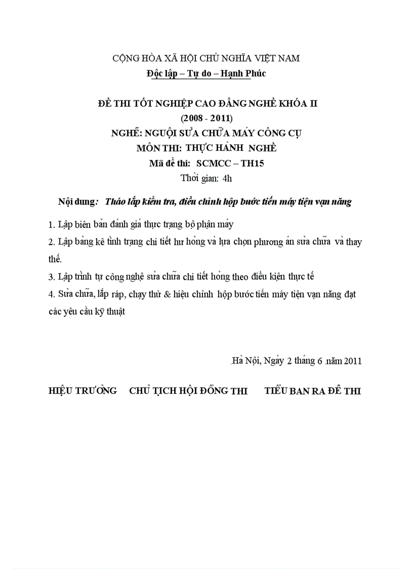 Đề thi TNCĐ nghề nguội sửa chữa máy công cụ 2008 2011 lí thuyết thực hành hướng dẫn giải 15 3