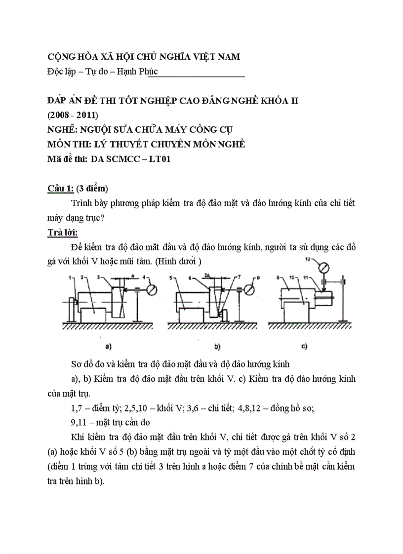 Đề thi tốt nghiệp cao đẳng nghề khóa 2 2008 2011 Nguôi sửa chữa máy công cụ Lí thuyết Tình huống hướng dẫn giải 01