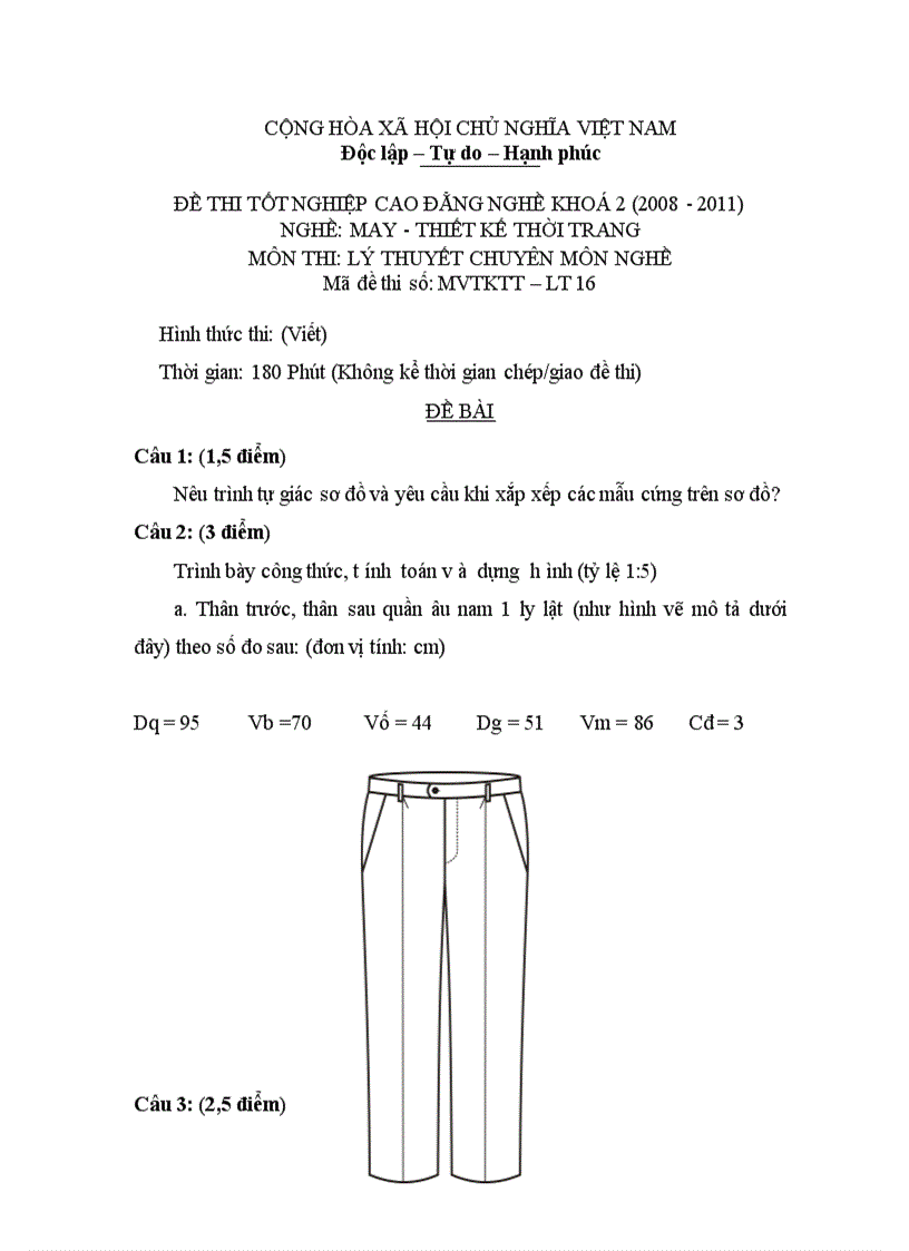 Đề thi tốt nghiệp cao đẳng nghề khóa 2 2008 2011 May thiết kế thời trang Lí thuyết thực hành Hướng dẫn giải 16 1
